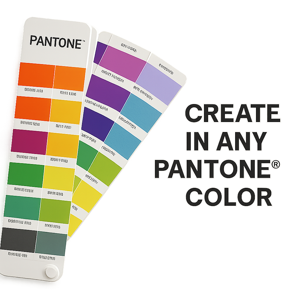 a pantone color book showing swatches and communicating that we can create products in any pantone color